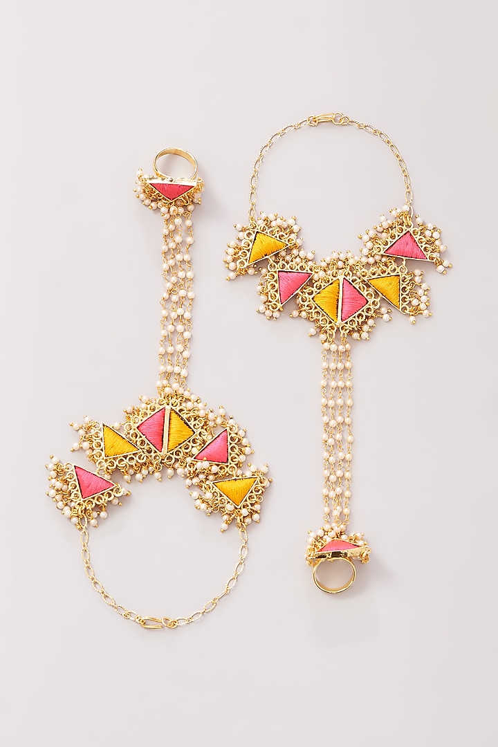 Matte Gold Finish Pink & Yellow Silk Thread Embroidered Layered Necklace Set by Bauble Bazaar at Pernia's Pop Up Shop