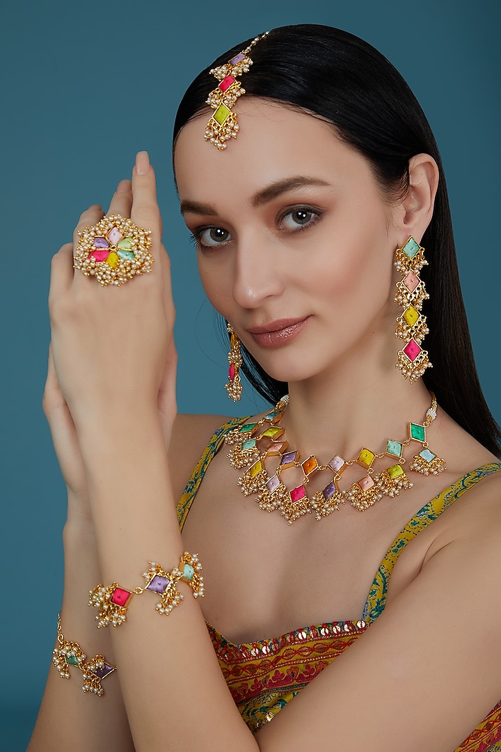 Matte Gold Finish Pastel Silk Thread Embroidered Layered Necklace Set by Bauble Bazaar at Pernia's Pop Up Shop