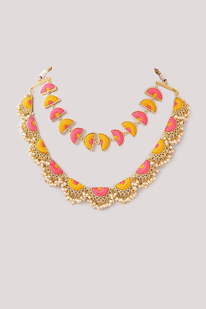 Matte Gold Finish Pink & Yellow Silk Thread Embroidered Layered Necklace Set by Bauble Bazaar at Pernia's Pop Up Shop