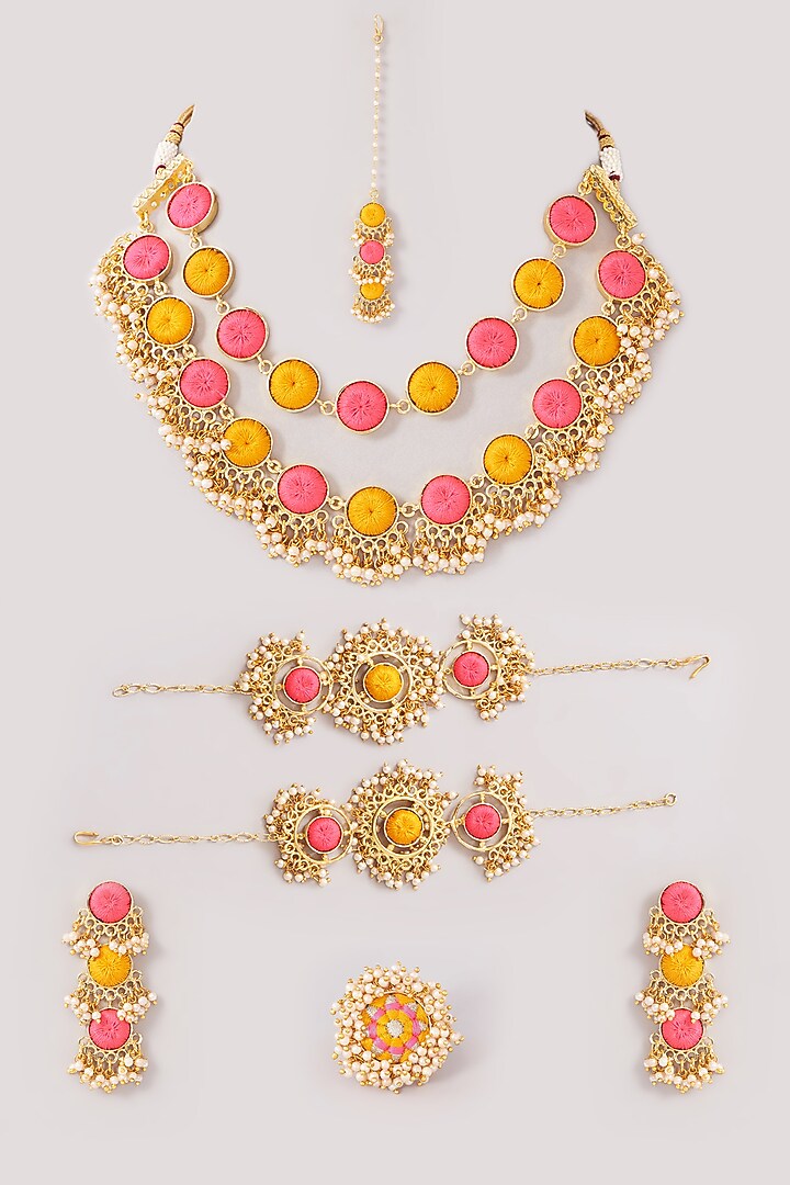 Matte Gold Finish Pink & Yellow Silk Thread Embroidered Layered Necklace Set by Bauble Bazaar at Pernia's Pop Up Shop