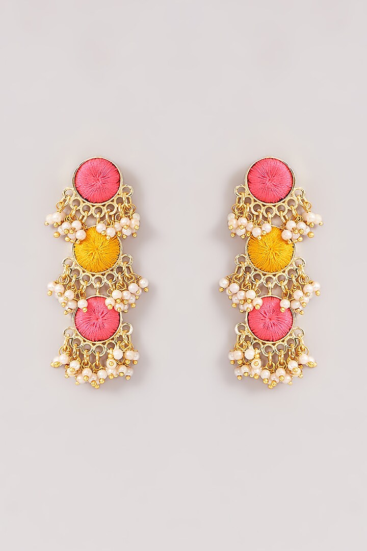 Matte Gold Finish Pink & Yellow Silk Thread Embroidered Layered Necklace Set by Bauble Bazaar at Pernia's Pop Up Shop