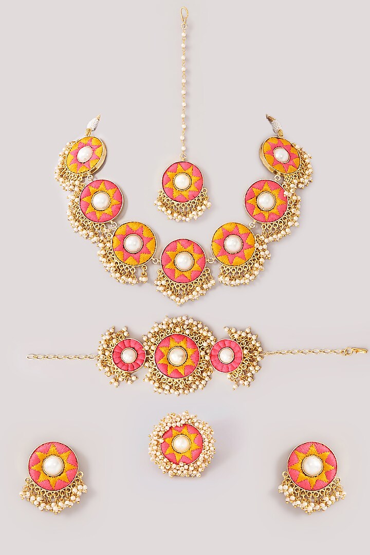 Matte Gold Finish Pink & Yellow Silk Thread Embroidered Necklace Set by Bauble Bazaar at Pernia's Pop Up Shop