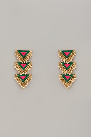 Gold Matte Finish Embellished Long Dangler Earrings by Bauble Bazaar