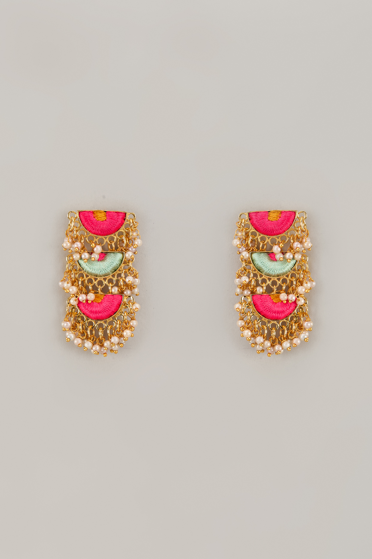 Gold Matte Finish Embellished Tiered Dangler Earrings by Bauble Bazaar at Pernia's Pop Up Shop