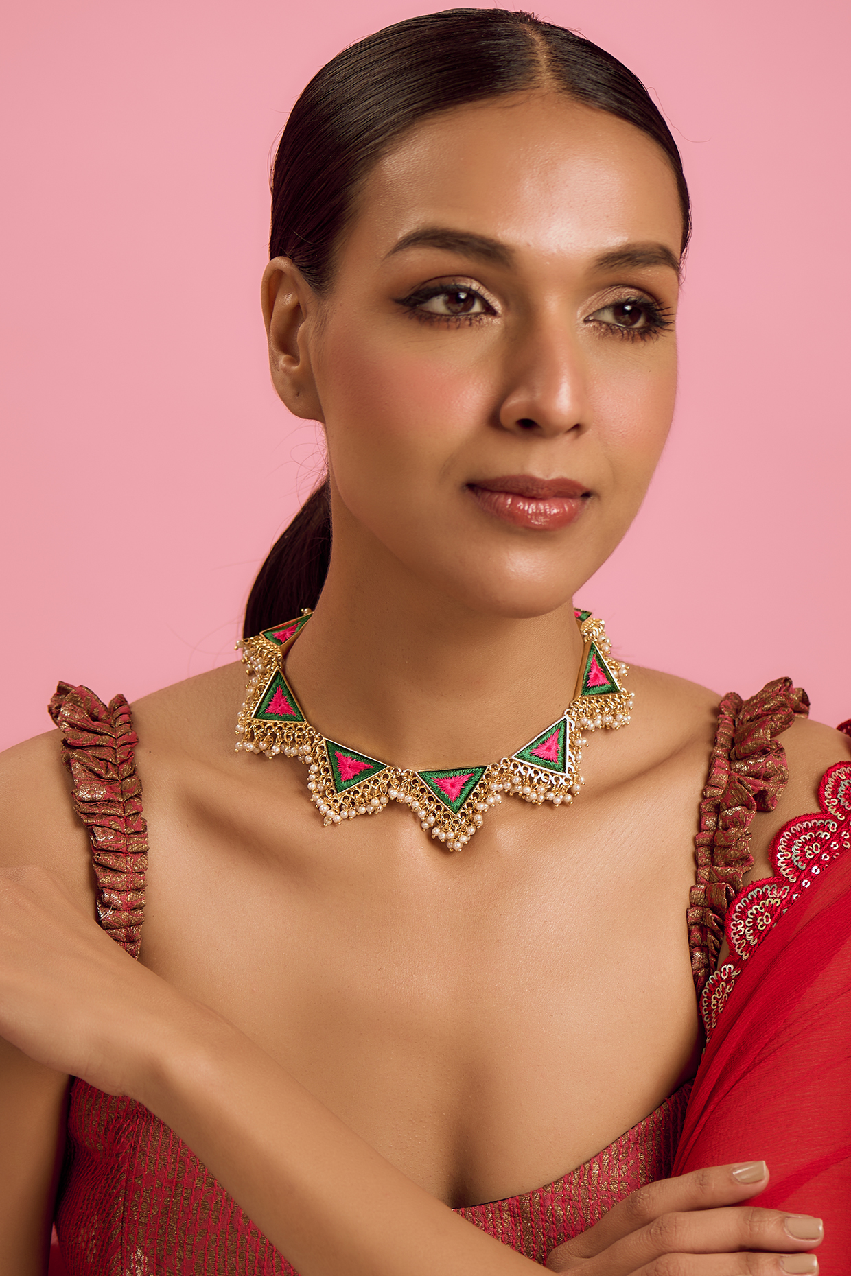 Gold Matte Finish Embellished Necklace by Bauble Bazaar at Pernia's Pop Up Shop