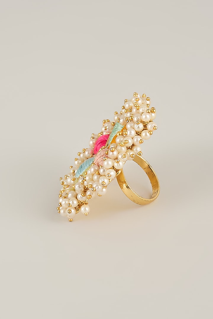Multi-Colored Pearl Beaded Adjustable Ring by Bauble Bazaar at Pernia's Pop Up Shop
