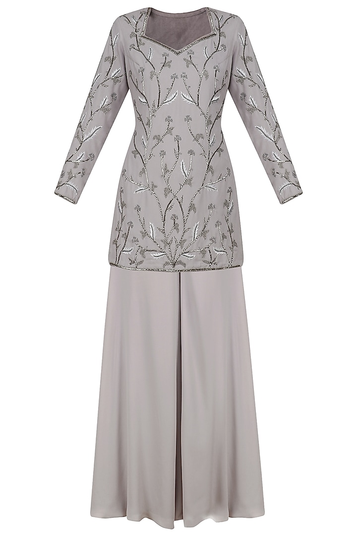 Ash grey frozen garden embroidered sharara set available only at Pernia's Pop Up Shop.