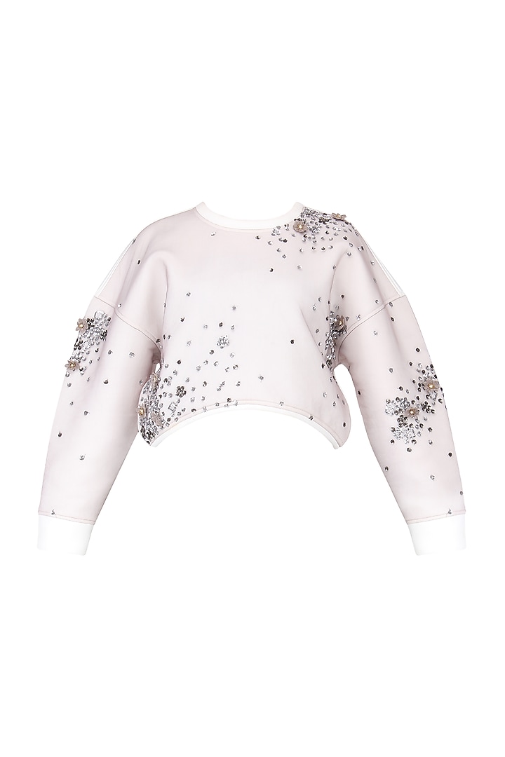 White Embroidered Drop Shoulder Sweatshirt by Bhaavya Bhatnagar