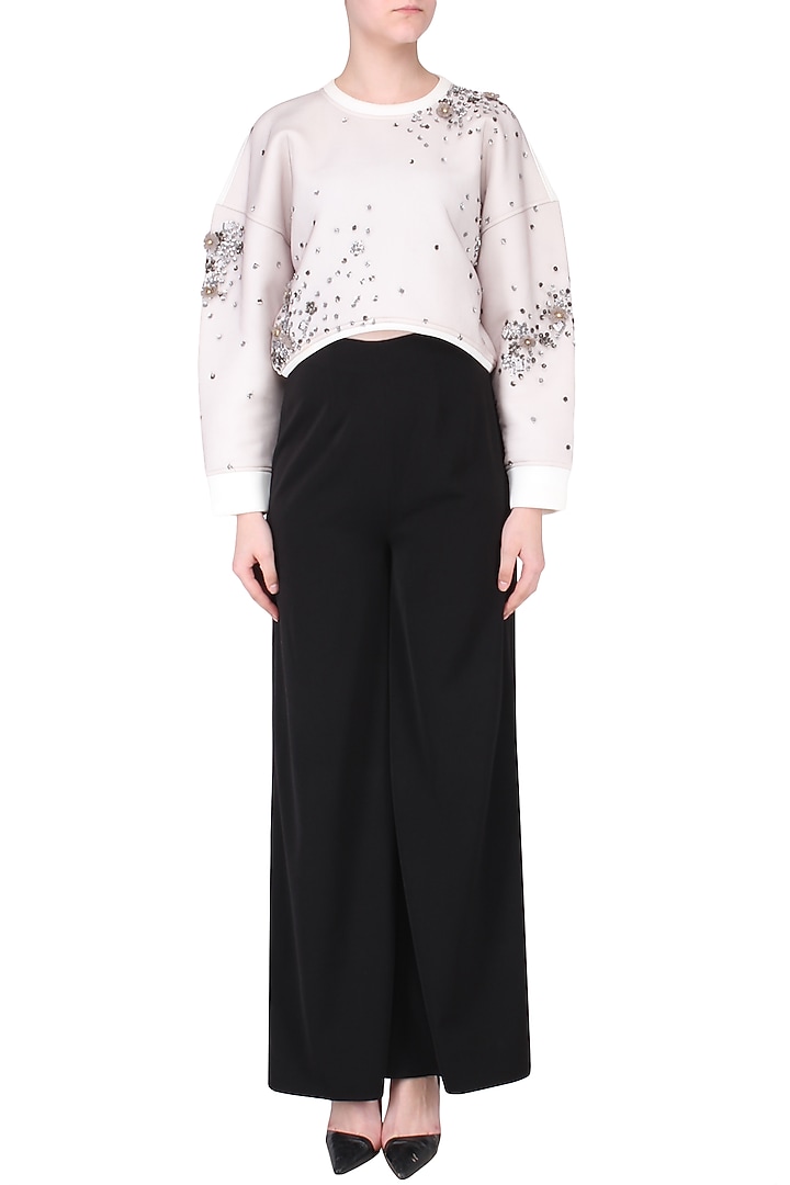 White embroidered drop shoulder sweatshirt available only at Pernia's Pop Up Shop.