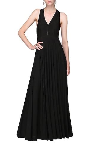 Black Pleated Jersey Gown by Bhaavya Bhatnagar