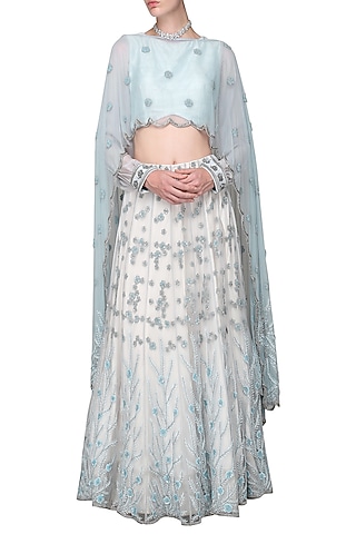 Ocean Blue and Ivory Embroidered Lehenga with Crop Top and Cape by Bhaavya Bhatnagar