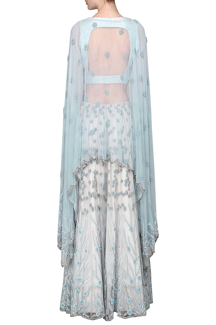 Ocean blue and ivory embroidered lehenga with crop top and cape available only at Pernia's Pop Up Shop.