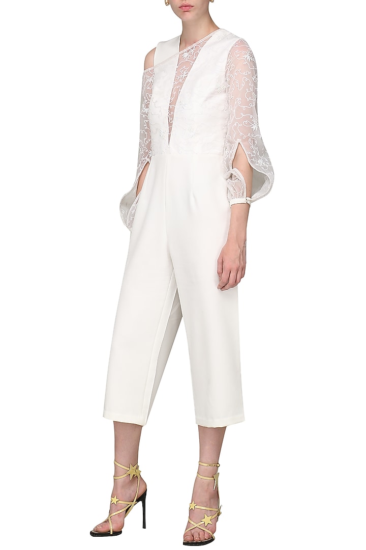 Ivory embroidered culotte jumpsuit available only at Pernia's Pop Up Shop.