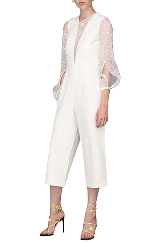 Ivory Embroidered Culotte Jumpsuit by Bhaavya Bhatnagar
