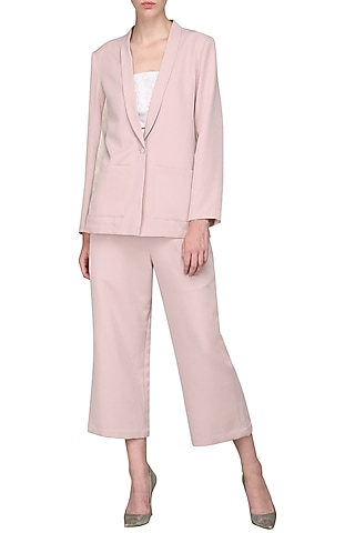 Ash Pink Faux Leather Insert Blazer by Bhaavya Bhatnagar