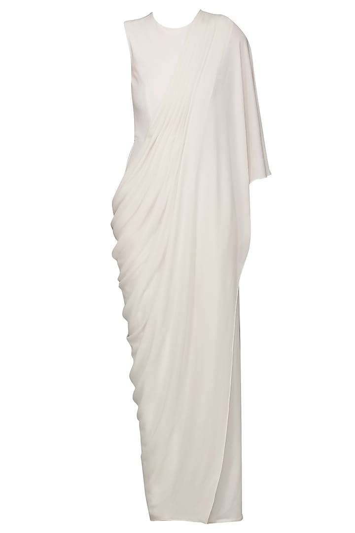 Ivory Drape Jumpsuit Saree by Bhaavya Bhatnagar