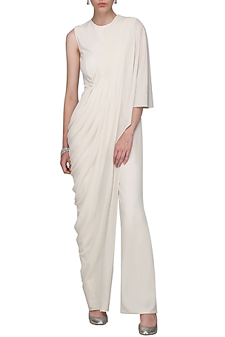 Ivory Drape Jumpsuit Saree by Bhaavya Bhatnagar