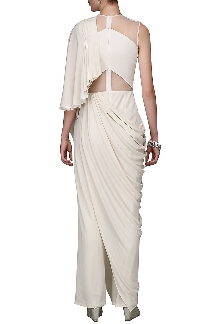 Ivory drape jumpsuit saree available only at Pernia's Pop Up Shop.
