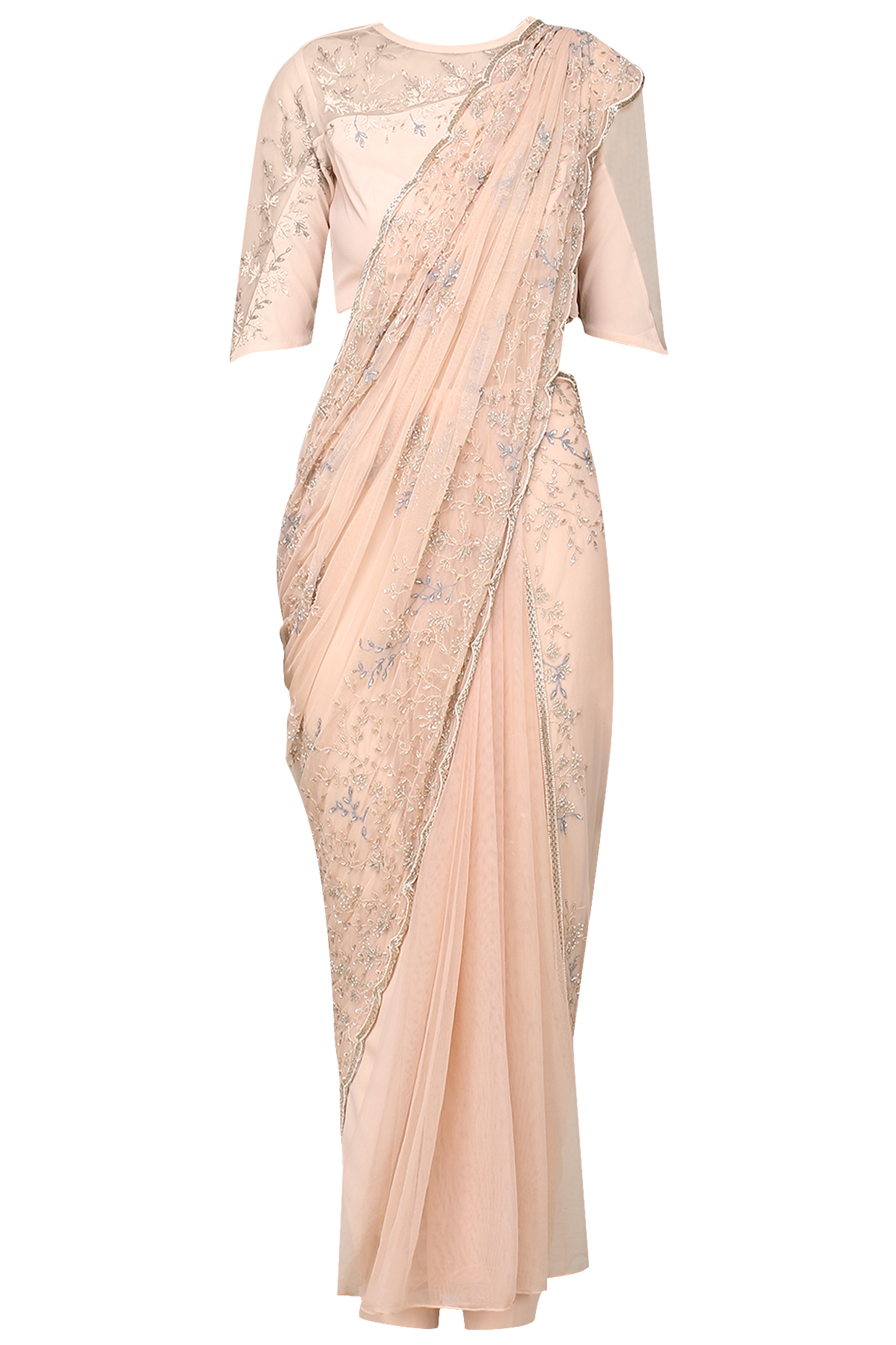 Ash Pink Embroidered Pre-Stitched Saree with Blouse and Pants by Bhaavya Bhatnagar