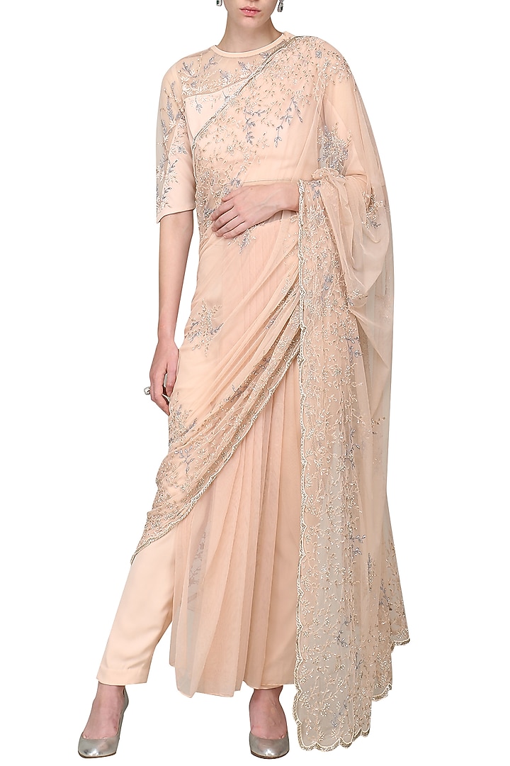 Ash pink embroidered pre-stitched saree with blouse and pants available only at Pernia's Pop Up Shop.