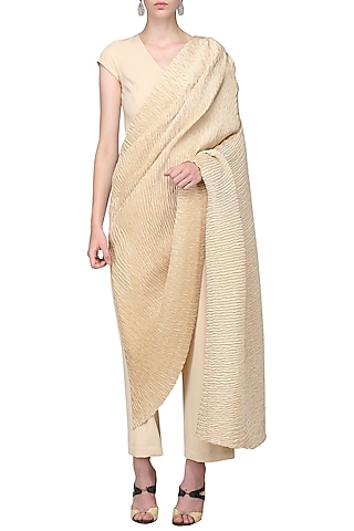 Champagne Beige Draped Pleats Jumpsuit by Bhaavya Bhatnagar