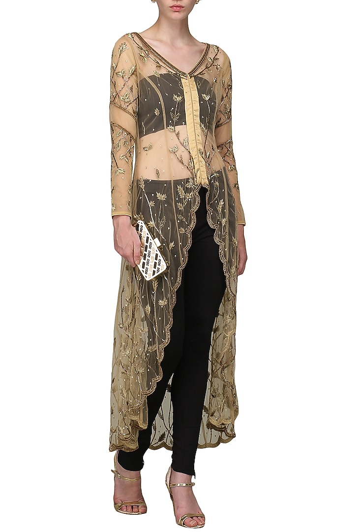 Beige front open embroidered jacket available only at Pernia's Pop Up Shop.