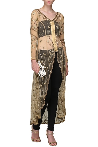 Beige Front Open Embroidered Jacket by Bhaavya Bhatnagar