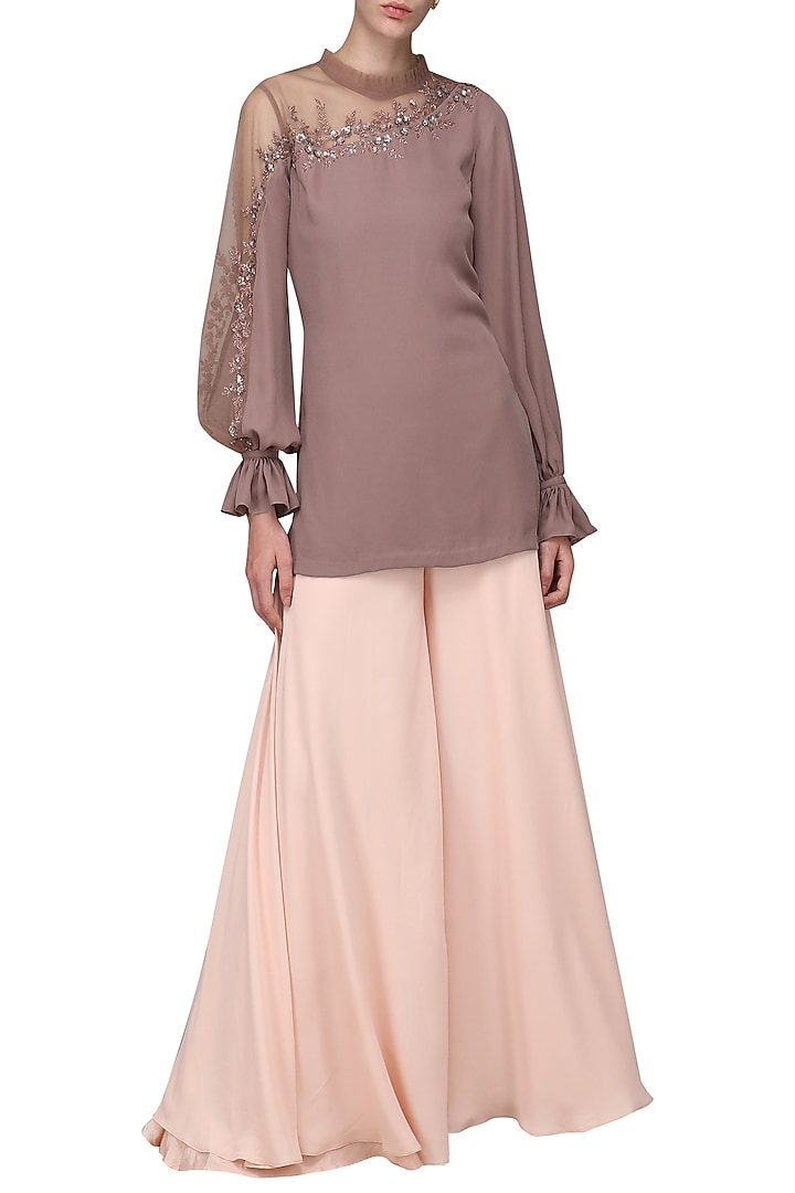 Ash pink embroidered tunic with sharara pants available only at Pernia's Pop Up Shop.
