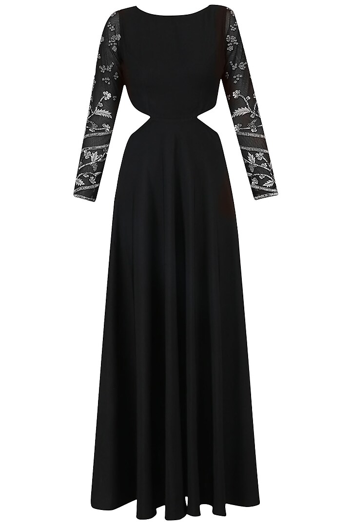 Black and Silver Floral Embroidered Long Cutout Gown by Bhaavya Bhatnagar