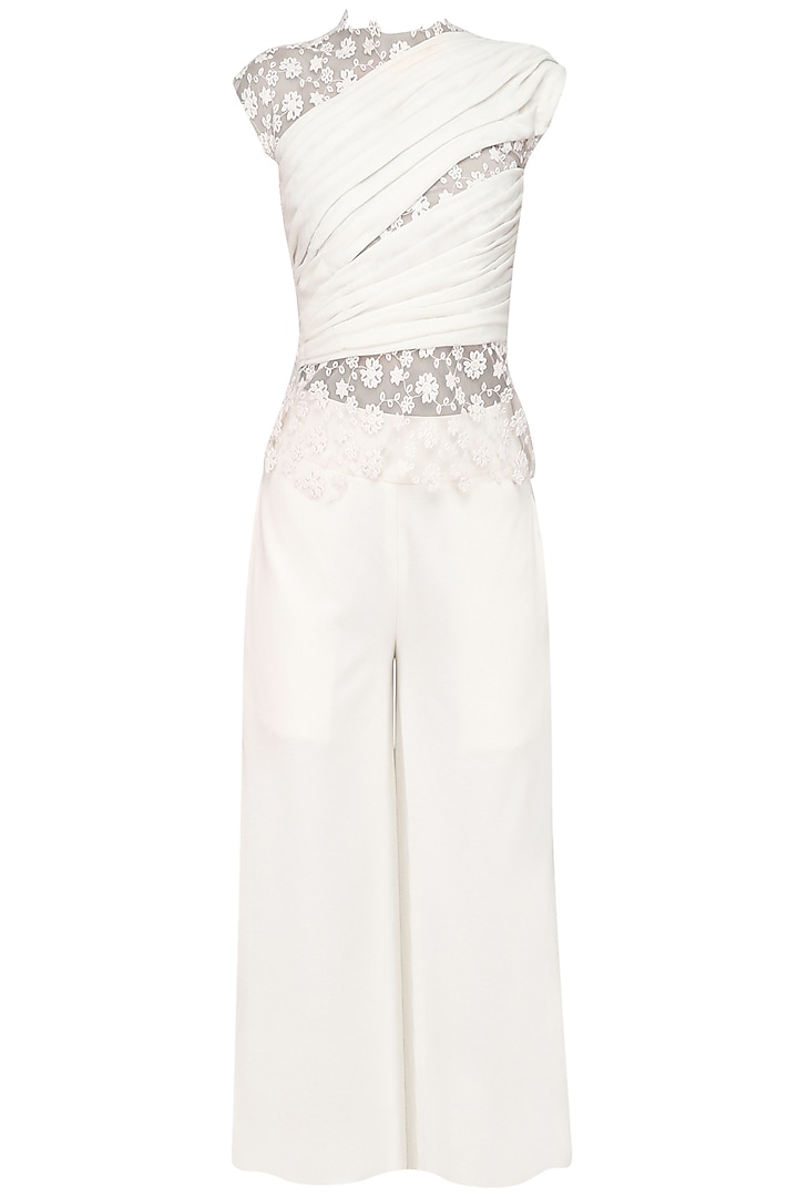 Ivory Floral Embroidered Top and Culottes Set by Bhaavya Bhatnagar