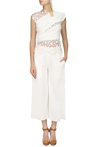 Ivory Floral Embroidered Top and Culottes Set by Bhaavya Bhatnagar