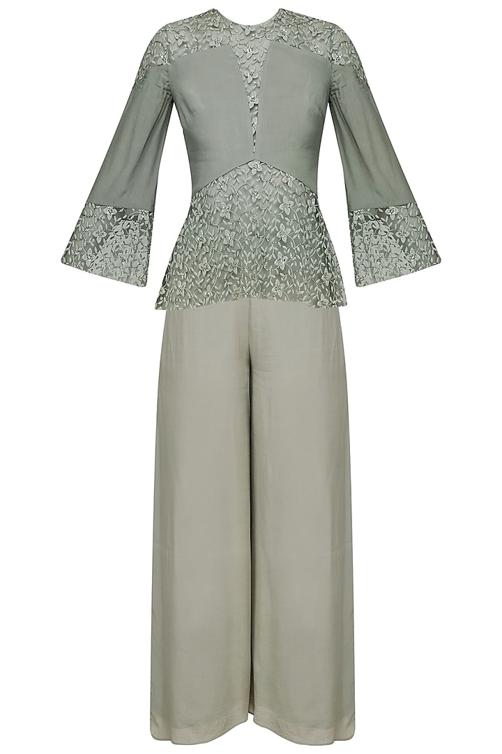 Sage Grey Floral Embroidered Top and Pants Set by Bhaavya Bhatnagar