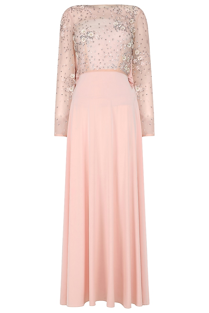 Blush Pink Floral Embroidered Sheer Gown by Bhaavya Bhatnagar