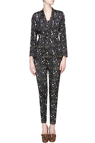 Black, Bottle Green, White and Wine Kiem Printed Backless Blazer and Pants Set by Bhaavya Bhatnagar