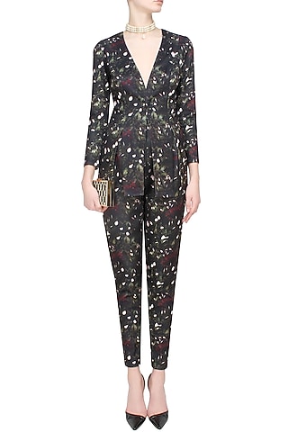 Black, Bottle Green, White and Wine Kiem Printed Sheer Back Slashed Blazer and Pants Set by Bhaavya Bhatnagar