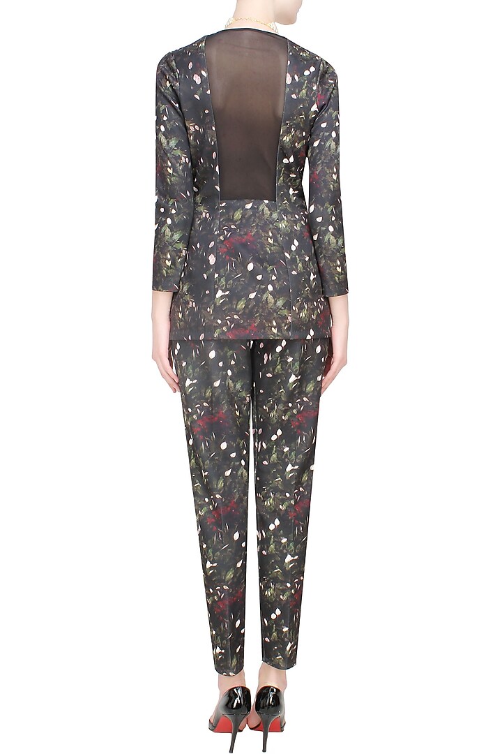 Bhaavya Bhatnagar presents Black, bottle green, white and wine kiem printed sheer back slashed blazer and pants set available only at Pernia's Pop Up Shop.