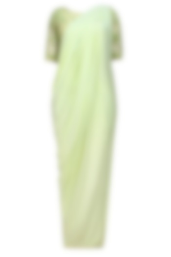 Lime green floral beads embroidered three piece concept draped saree set by Bhaavya Bhatnagar