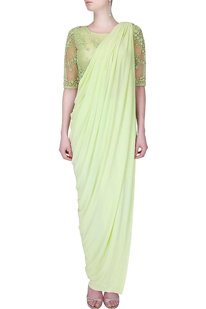 Bhaavya Bhatnagar presents Lime green floral beads embroidered three piece concept draped saree set available only at Pernia's Pop Up Shop.