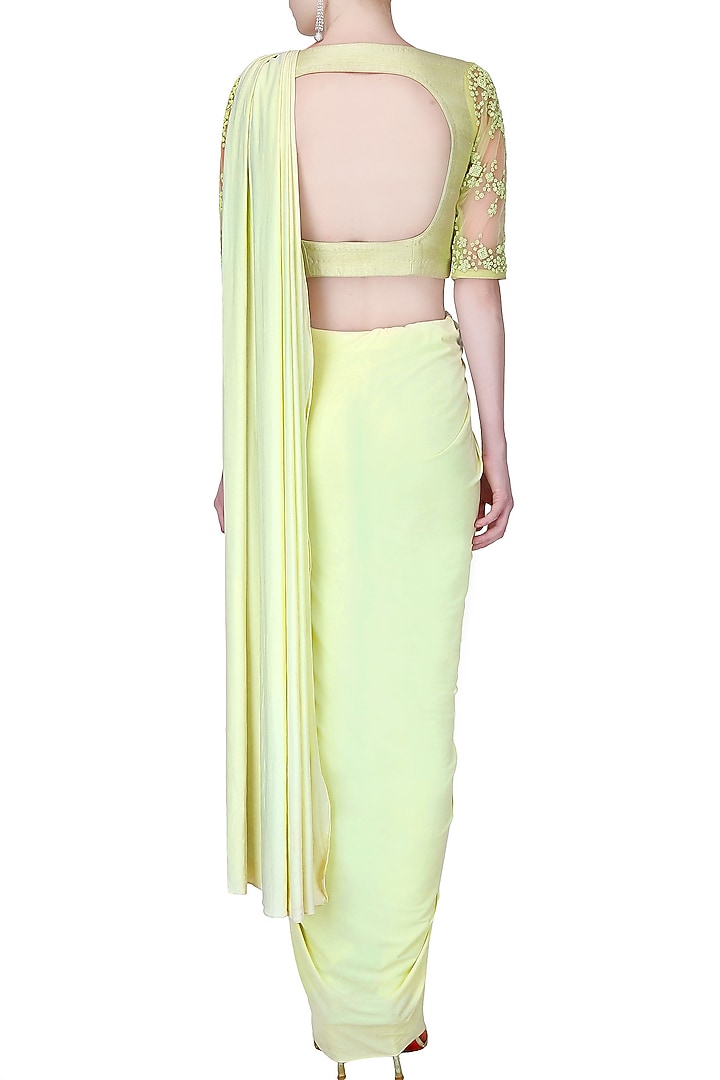Bhaavya Bhatnagar presents Lime green floral beads embroidered three piece concept draped saree set available only at Pernia's Pop Up Shop.