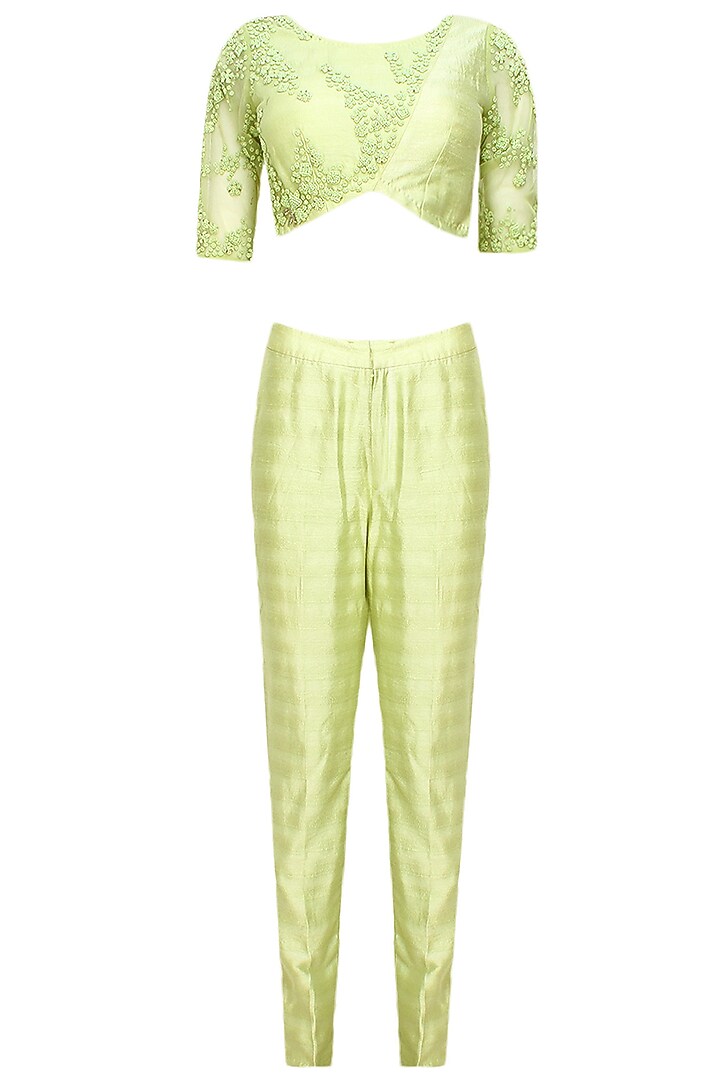 Bhaavya Bhatnagar presents Lime green floral beads embroidered three piece concept draped saree set available only at Pernia's Pop Up Shop.