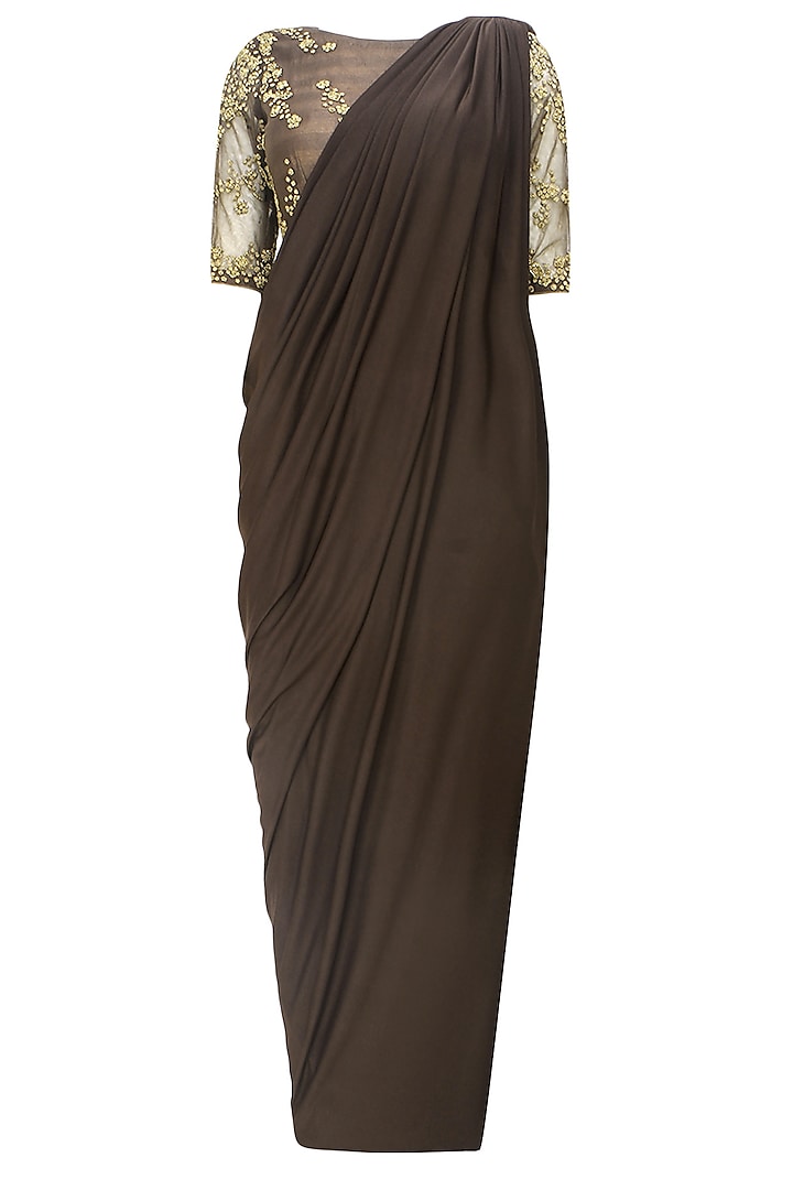 Brown and gold floral beads embroidered three piece concept draped saree set by Bhaavya Bhatnagar