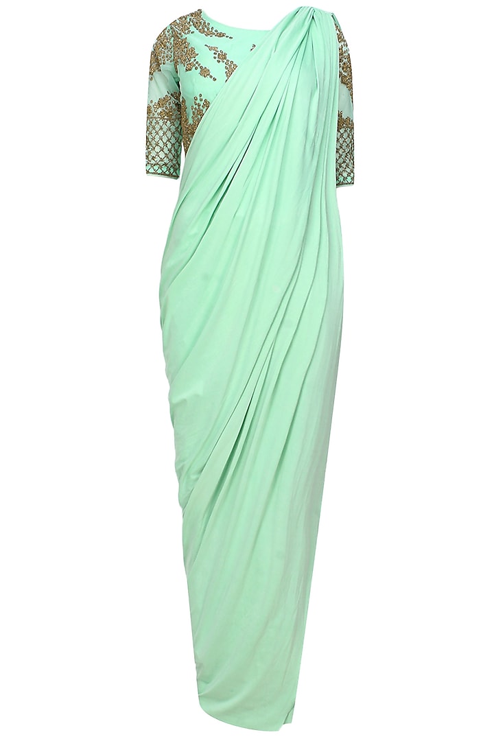 Mint and gold floral beads embroidered three piece concept draped saree set by Bhaavya Bhatnagar