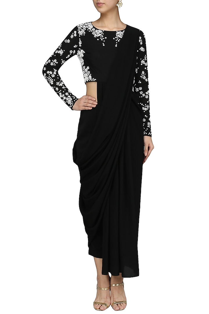 Black pre-stitched drape saree with beaded crop top set available only at Pernia's Pop Up Shop.