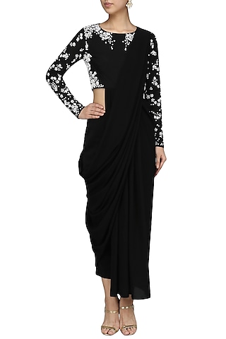 Black Pre-Stitched Drape Saree with  Beaded Crop Top Set by Bhaavya Bhatnagar