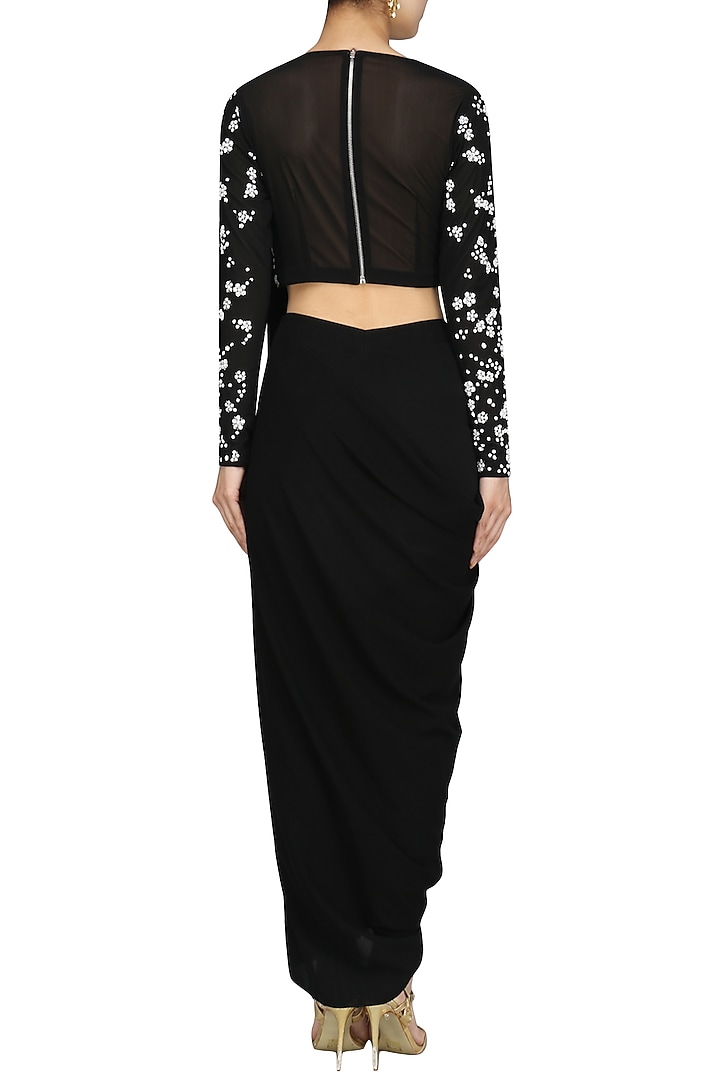 Black pre-stitched drape saree with beaded crop top set available only at Pernia's Pop Up Shop.