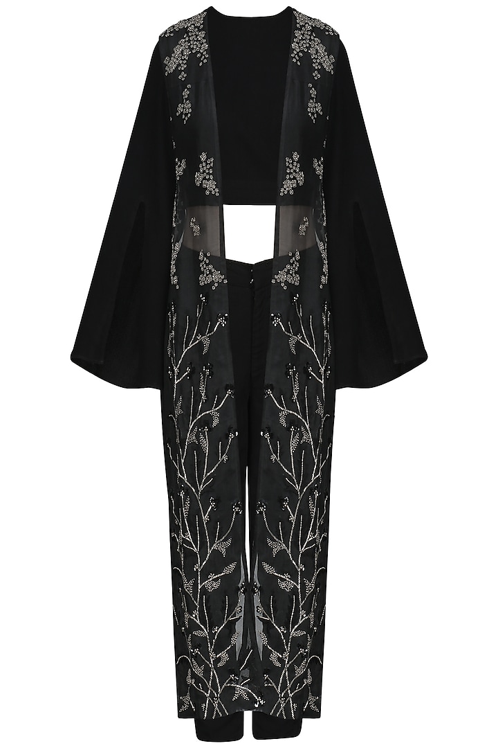 Black drape saree with backless vest set available only at Pernia's Pop Up Shop.