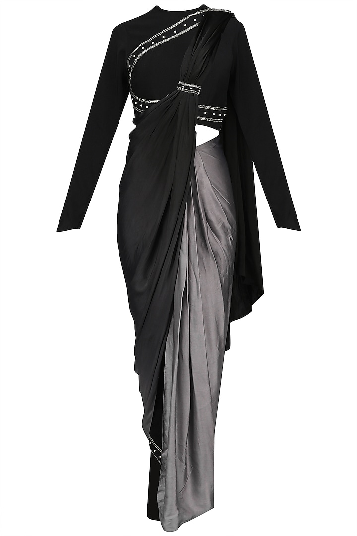 Black Ombred Drape Saree with  Structured Crop Top Set by Bhaavya Bhatnagar