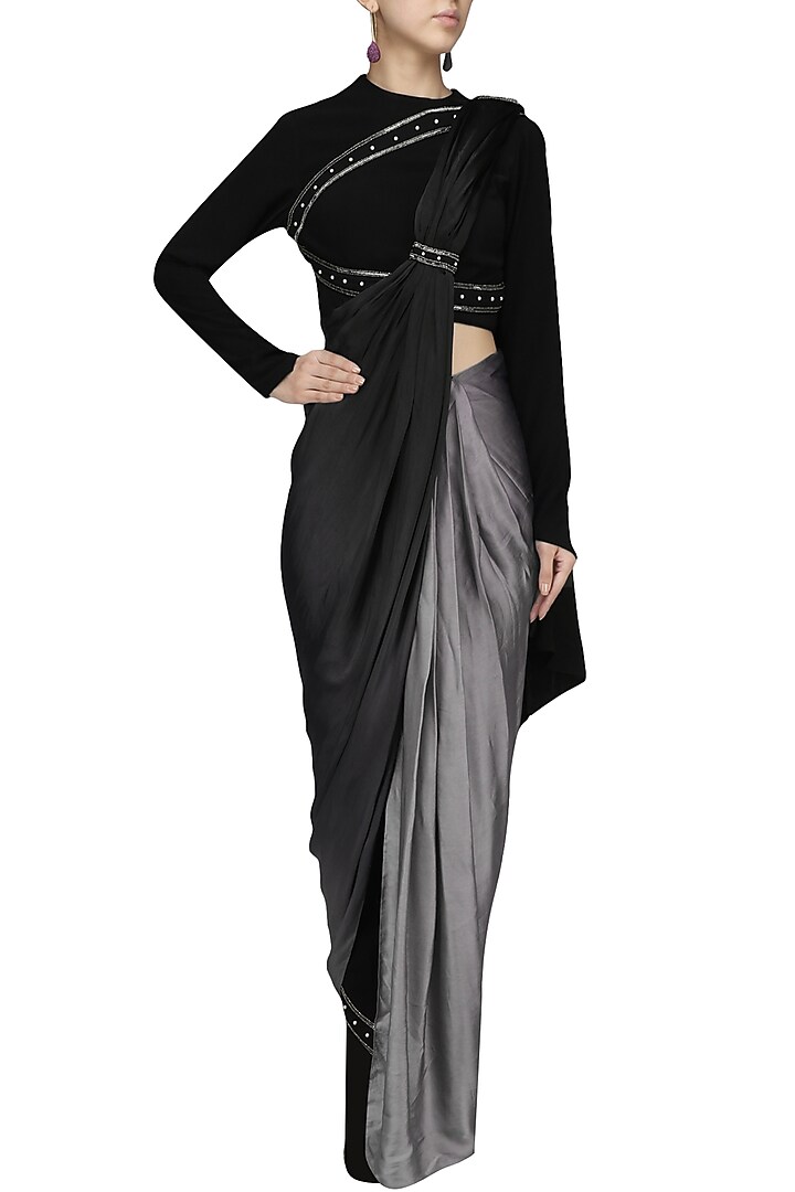 Black ombred drape saree with structured crop top set available only at Pernia's Pop Up Shop.