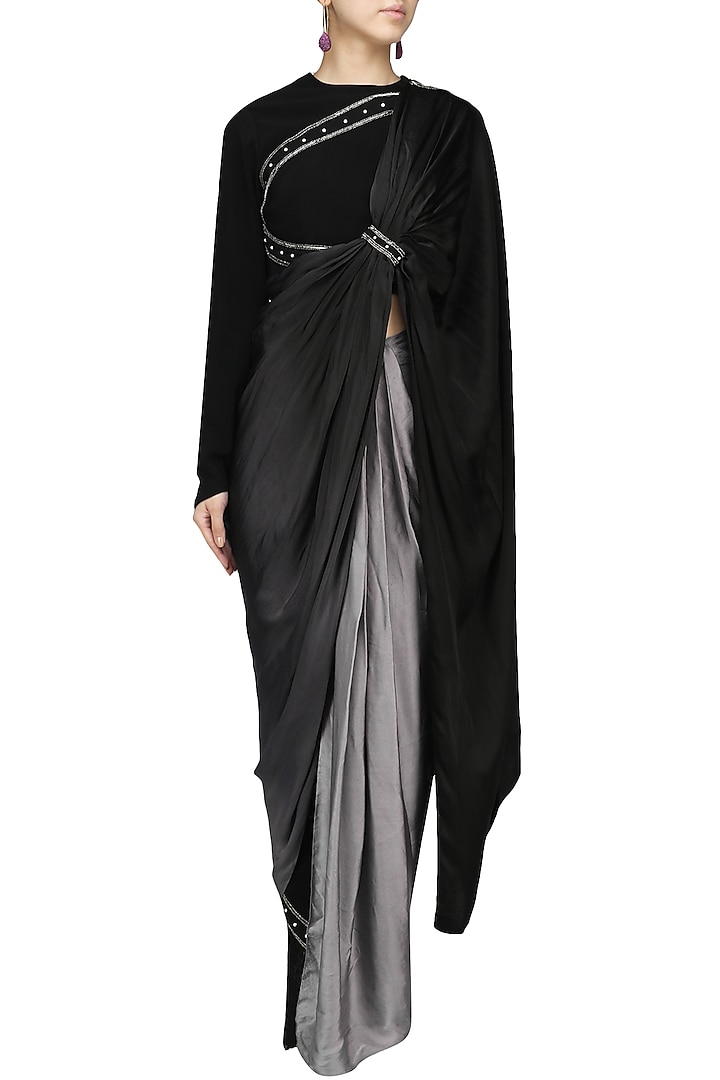 Black ombred drape saree with structured crop top set available only at Pernia's Pop Up Shop.
