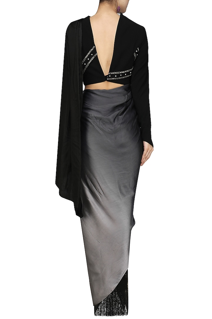 Black ombred drape saree with structured crop top set available only at Pernia's Pop Up Shop.